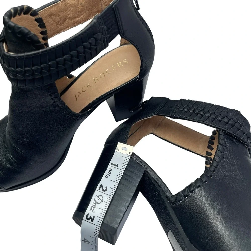 Jack‎ Rogers Block Heel Sandal Sz 7 Black Leather Ankle Strap Open Toe $158 Moto